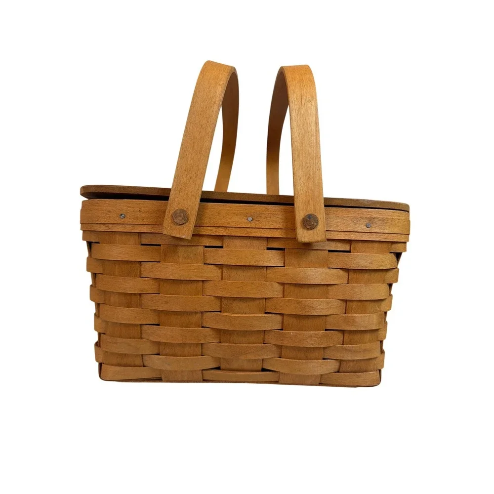 Longaberger 1994 Picnic Basket with Lid and Double Handles Woven Wood Vintage